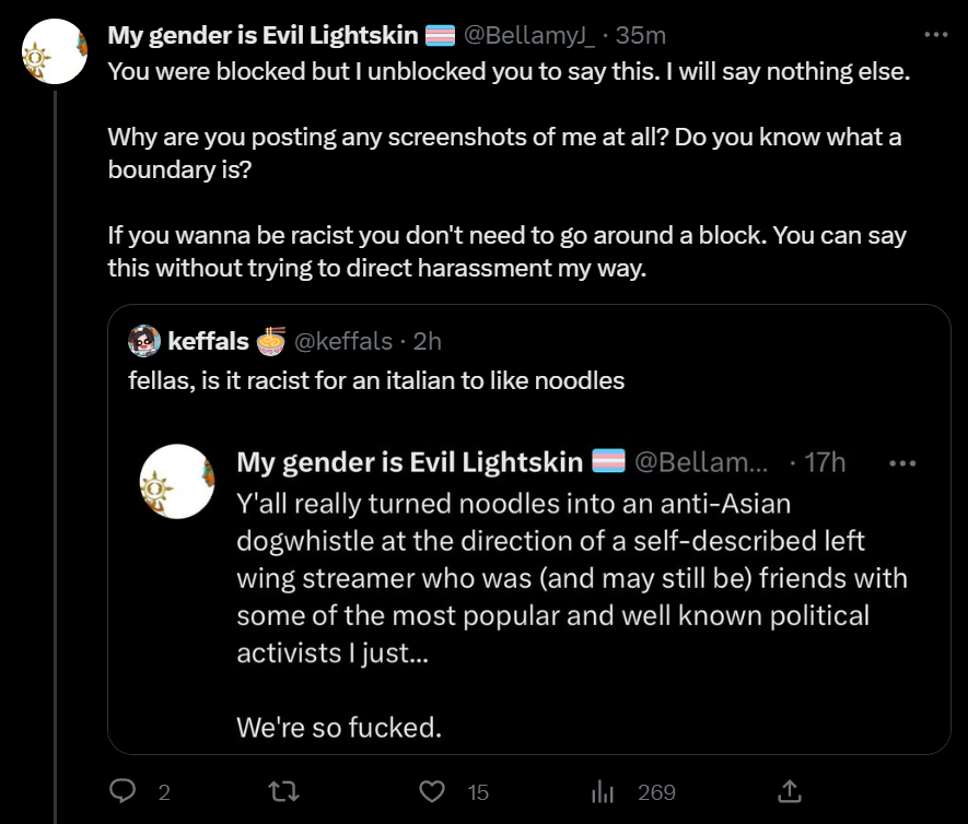 imagine subtweeting someone behind a block and then crying "boundaries" when they respond. you're on a public platform, homie. the amount of crybullying I've seen in the past few days are beyond the limits of what I ever perceived possible