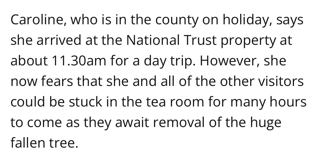 Obviously I feel sorry for the staff and visitors involved but I also feel sorry for me as getting trapped in a National Trust tea room is my life ambition and I missed it.