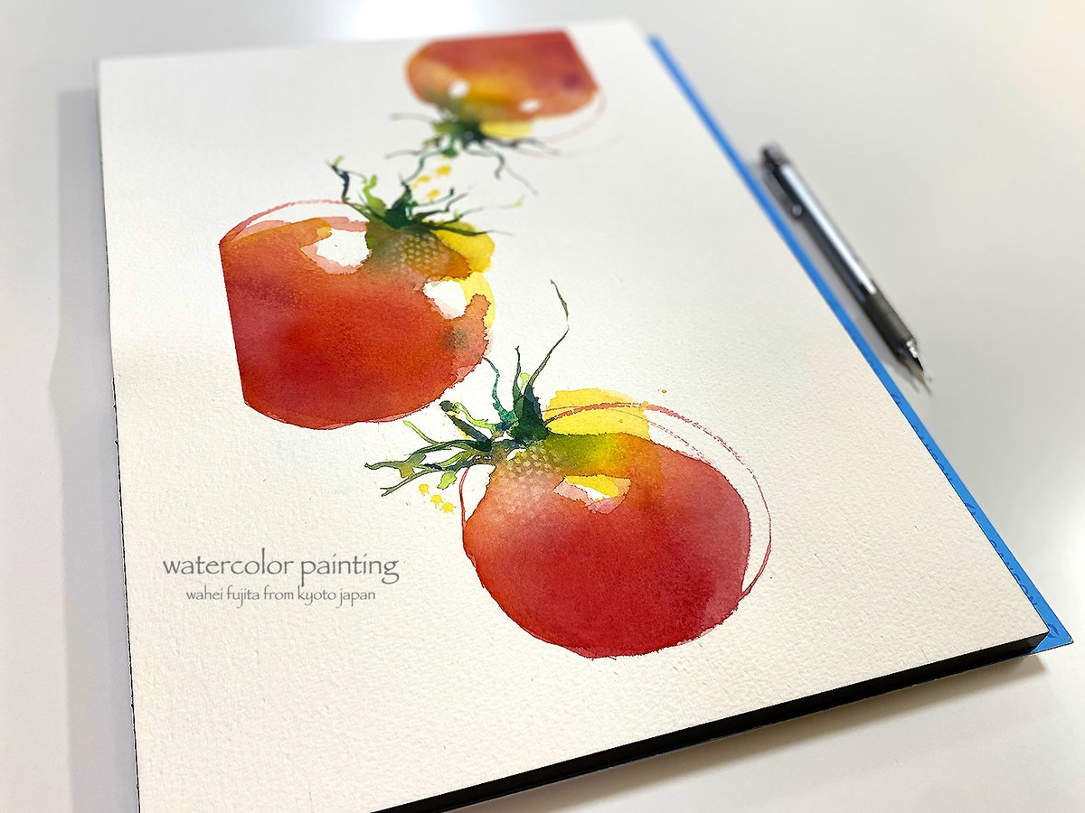 「夏野菜その1。トマト。キャンソンヘリテージにダイレクトペイント。 #Waterc」|わへい水彩画@京都水彩画塾塾長のイラスト