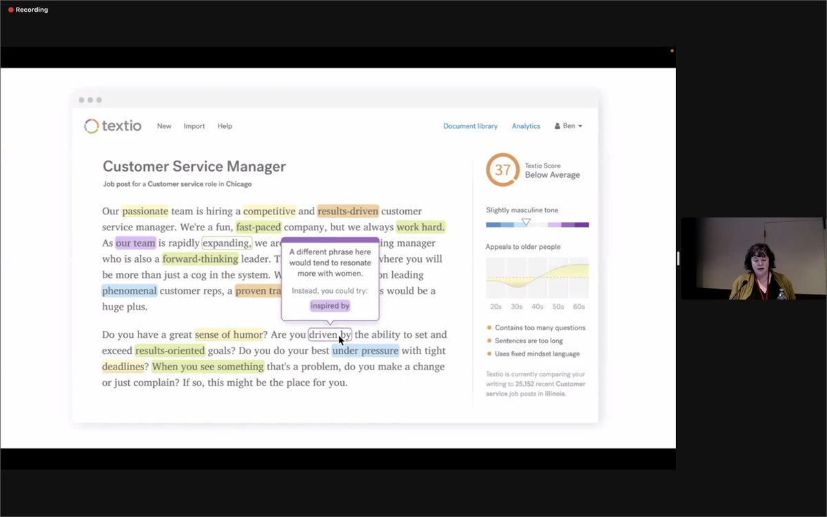 Impressed by the eye-catching product showcased at ACL2023—<a href="/Textio/">Textio</a>. 

“Is my writing too masculine or unattractive to the 60s or less pleasant to some ethnic groups?”

Textio gives you feedback. Just wonder: how it models these cultural-socio elements?

#ACL2023NLP #AIForGood