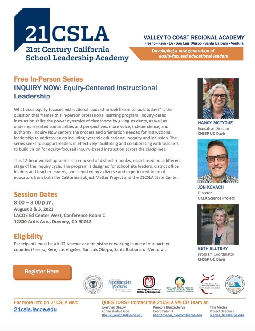 📢Learn more about how to lead schoolwide Inquiry: Equity-Centered Instructional Leadership August 2-3, 2023 lacoe.k12oms.org/2576-235200 @CSMP_Network @21CSLA @ValcoCalifornia @LosAngelesCOE @KCSOS @SLOCOE @FresnoCoSS @VenturaCOE @SBCEO @CHSSP_SO #InquiryNow #21CSLA #LeadingForEquity