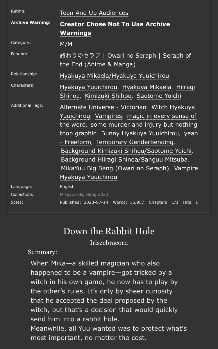 Anahhzp's tweet photo. My #MikaYuuBigBang2023 fic is finally up!!!! So happy to share this at last, it was really fun to write <3
Also had fun being doubly paired with the lovely @EmileeAshe lol
Now time to check everyone's entries as well XD
🔗 link below https://t.co/1aSpf9p0SF