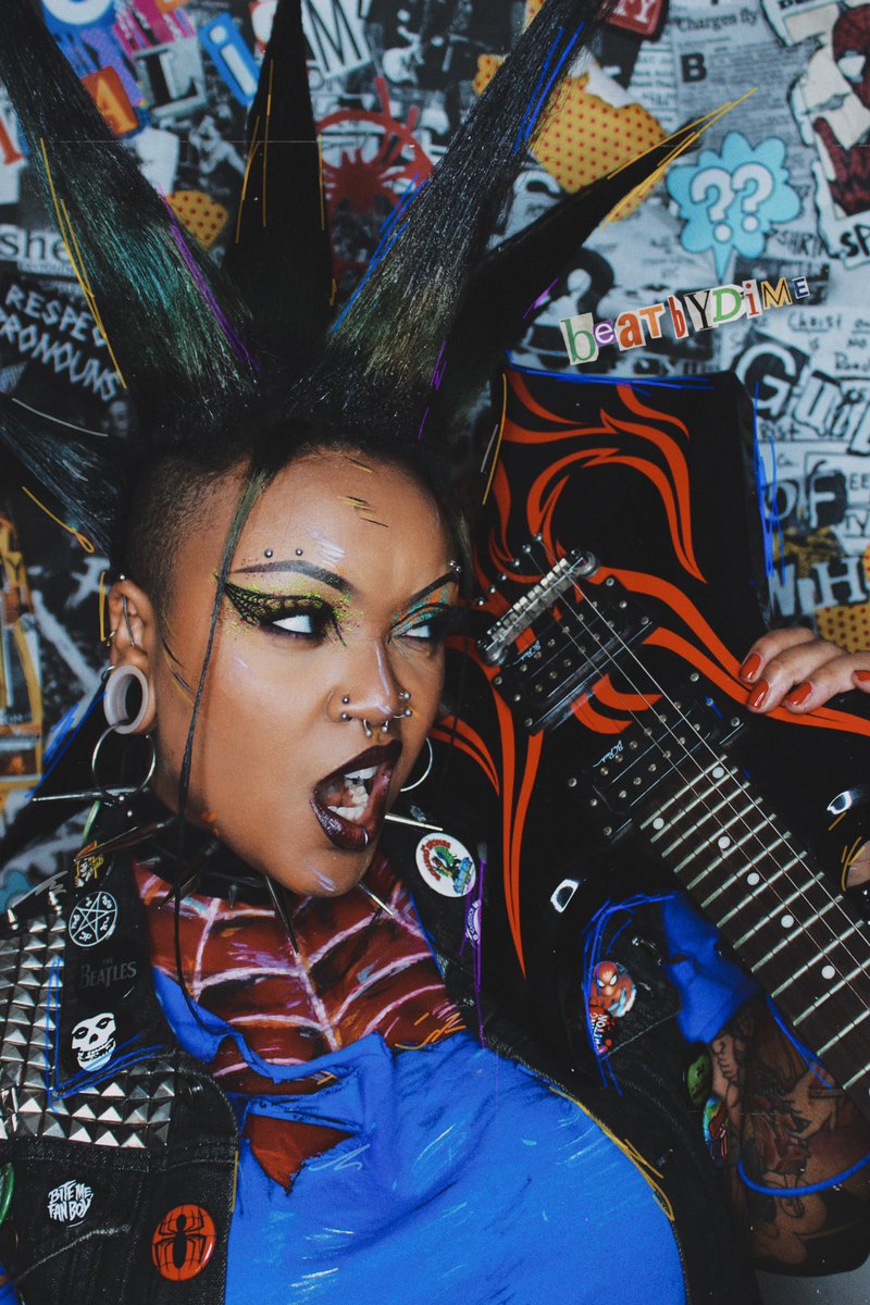 DimeHatesYou's tweet photo. HOBIE BROWN | SPIDER PUNK 🕸️🖤 

for this fit I literally called my mom and was like “what are the chances you still have all my punk stuff from highschool” and she delivered with this bin of shit 😭 Including this vest that I haven’t worn in like 10 years?! Ahaha

Ig: beatbydime https://t.co/0gYxnuxBkR