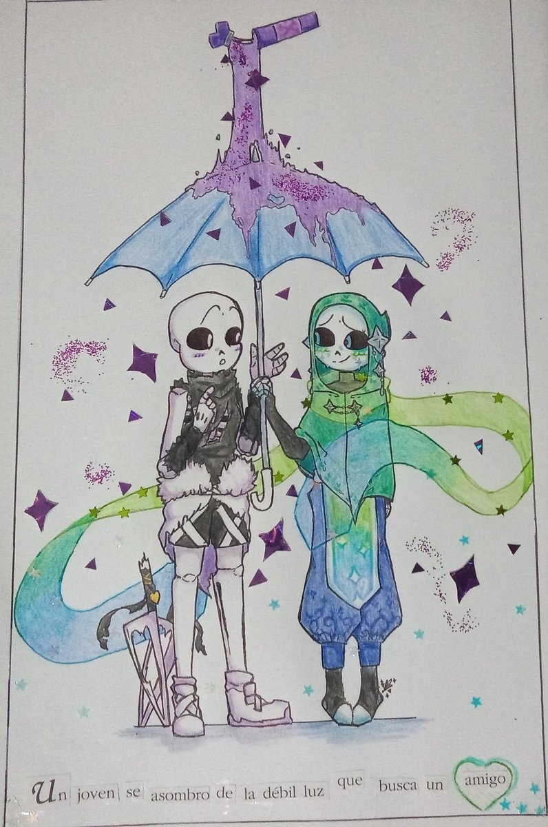 MintoDrawing's tweet photo. The finished drawing!!! How beautiful they look.💞

The text says: a young man was amazed at the weak light that seeks a friend.

Music you listen to at the end: I Wanna Be Your Boyfriend

Hahaha💚✨💜
————————
#crossans #Xtale #Underverse #SpringTaleNewAU #Ocs #sans #Fanart #Art https://t.co/rookeiF6OI