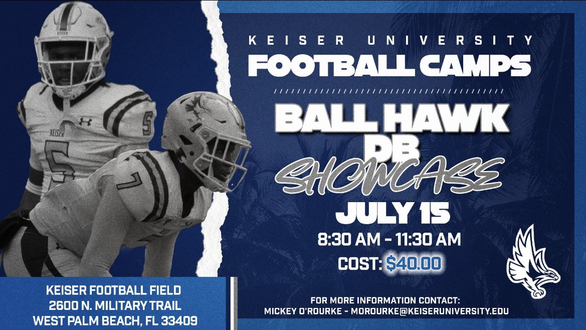 🚨Camp Pre Registration has closed🚨Walk-Ups are welcome tomorrow morning. 💵40 ⏰Registration will begin at 7:30AM Camp will start at 8:30AM go til 11:30 12PM-12:45 will be campus tour. Looking forward to seeing future @KeiserFootball 🦅💨 tomorrow.