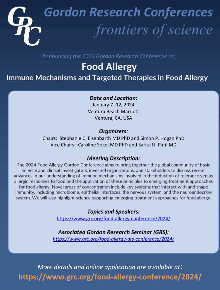 StephanieEisen's tweet image. Really excited to announce our program for the next Gordon Conference on food allergy. Hope you will join us!@Hogan_Lab