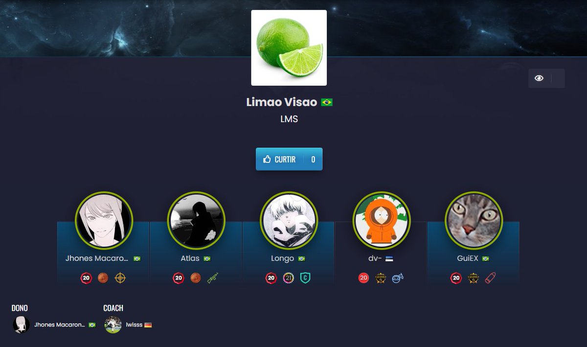 Salve guys, depois de 5 meses jogando juntos, viemos anunciar que a LIMÃO VISÃO está em busca de uma organização para representarmos.

Ficamos em 2º na serie C do mês retrasado, ficamos a uma partida de participar da relegation nos playoffs da serie B do mês passado e queremos