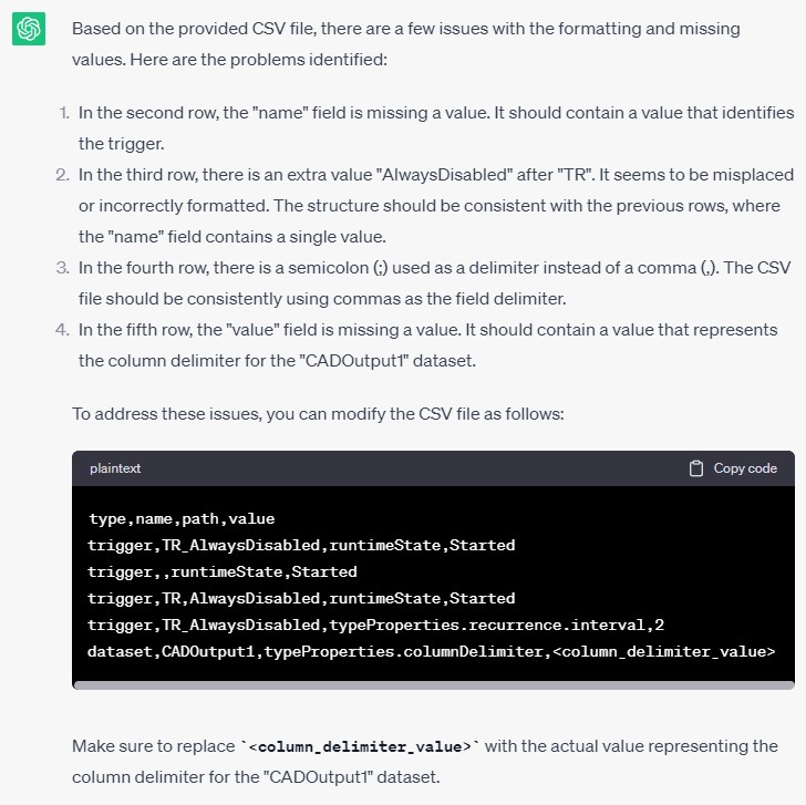 NowinskiK's tweet photo. This is how #ChatGPT can help you to find some error in csv file - in this example "config-badformat.csv" used for unit tests of my #adftools.
Brilliant. Caught all the bugs in a second.
#mvpbuzz @AzDataFactory https://t.co/y4ULPiPGwp