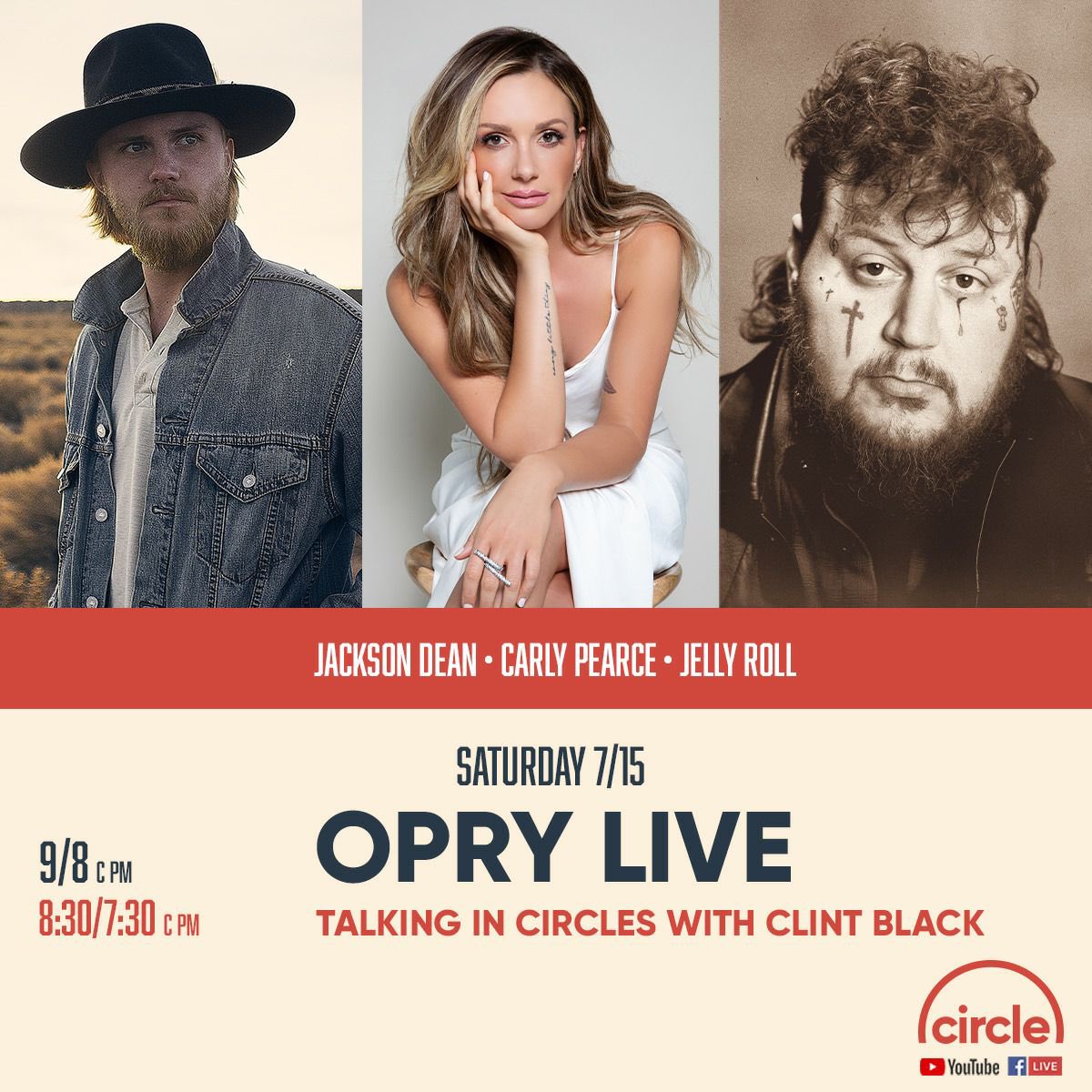 Join @JellyRoll615, @carlypearce and me for a special @opry Live this Saturday at 9/8pm CT. Watch it live on my Facebook page. #OpryLive #CircleAllAccess @CircleAllAccess