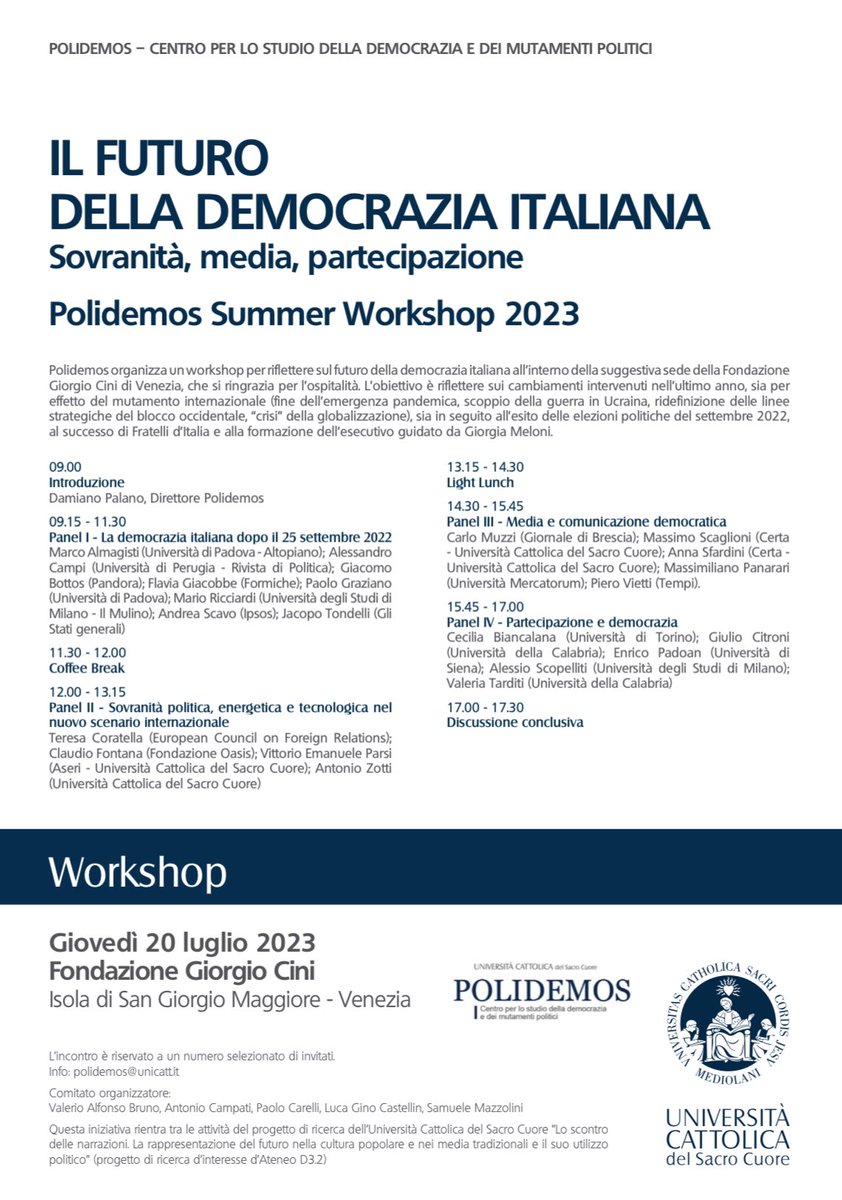 AntonioCampati's tweet photo. @Polidemos_UCSC organizza il suo primo Summer Workshop nella suggestiva sede della Fondazione Giorgio Cini di Venezia. Abbiamo invitato docenti, giornalisti ed esperti per discutere lo stato di salute e il futuro della democrazia italiana. Vi faremo sapere come andrà… https://t.co/vPRIrvenHs