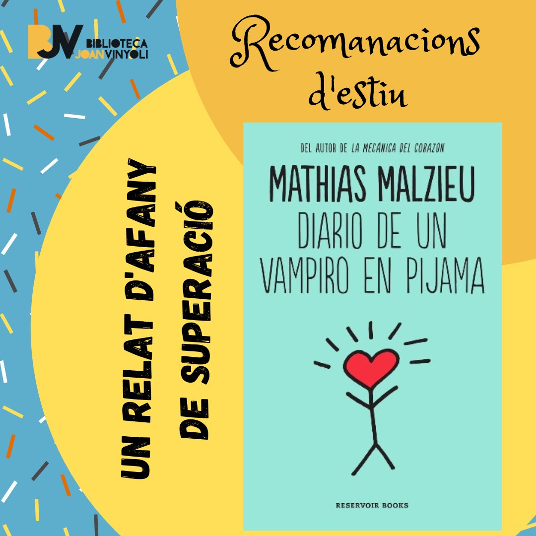 Les #bibliorecomanacions de la #bibliotecajoanvinyoli no fan vacances!
Diario de un vampiro en pijama, de Mathias Malzieu és la seva obra més íntima, on, en forma de diari personal, explora els temes de la malaltia, la mort i l'afany de superació des d'una dimensió fantàstica.