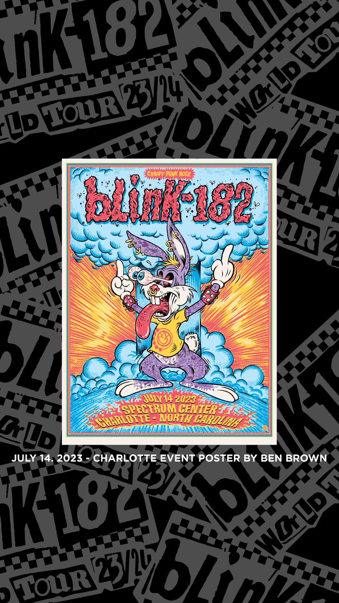 blink182's tweet photo. Charlotte! Get your special event poster by Ben Brown and event tee by Ian Williams. Outside merch stands opening at 4pm. https://t.co/qewuVsuy4P