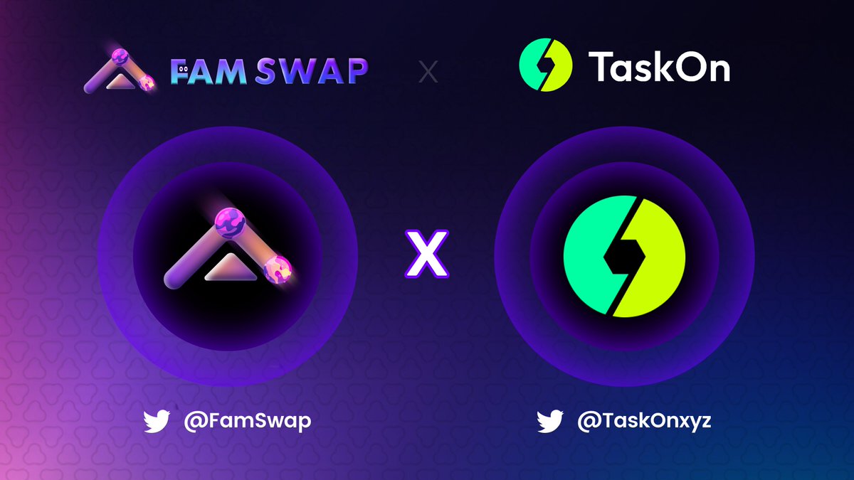 FamSwap's tweet photo. 💜Exciting #Partnership Announcement💜

🍻#FamSwap is thrilled to announce our new partner @taskonxyz.

📌#TaskaOn is a Web3 task collaboration platform where users can earn rewards from their creations!

 🔥Let's stay turned in future.🚀🚀🚀 #CryptoCommunity #Bitcoin #Crypto #ETH