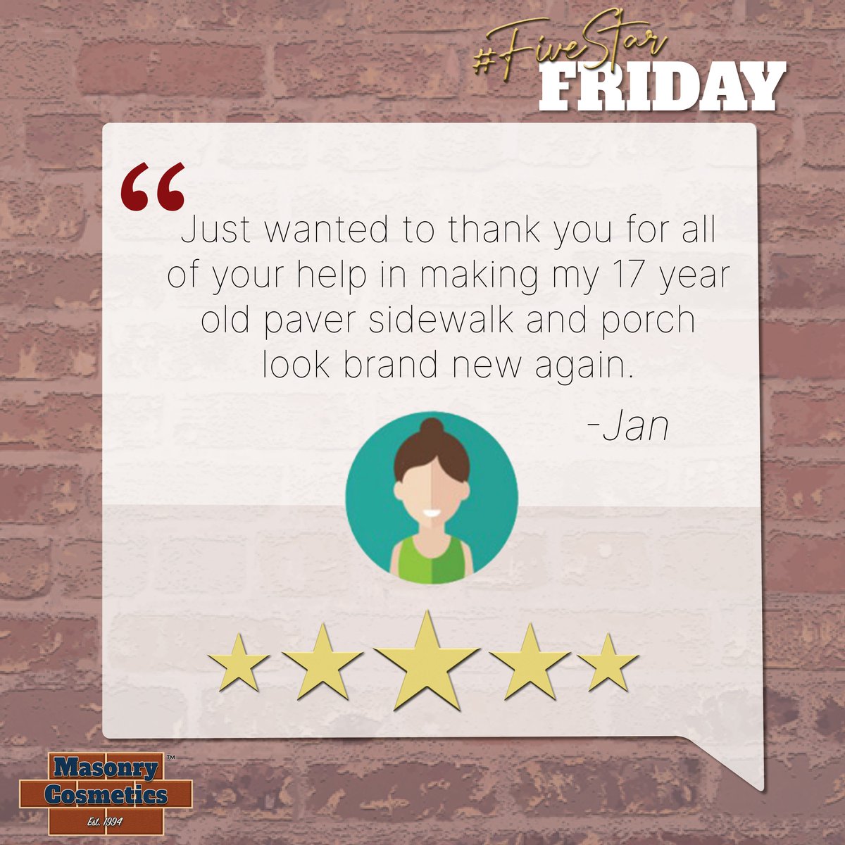 Thank you to Jan for the review! You can restore the look of your old pavers, too. Learn more here: restorepavercolor.com/?utm_campaign=…

#FiveStarFriday #MasonryStrong #BrickStain 😎
