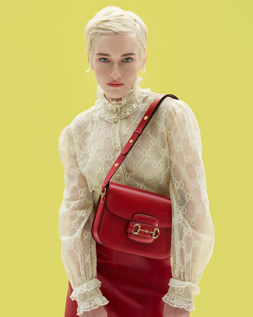 gucci's tweet photo. In the next chapter of the #GucciHorsebit1955 campaign, #JuliaGarner highlights the classic yet contemporary allure of the iconic design. Discover more https://t.co/C3ynt72BeG https://t.co/76V9F4pAnL