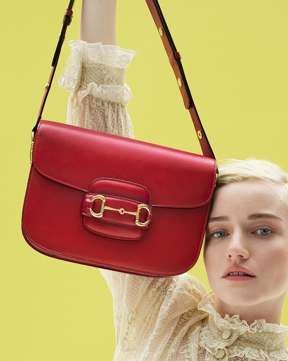 gucci's tweet photo. In the next chapter of the #GucciHorsebit1955 campaign, #JuliaGarner highlights the classic yet contemporary allure of the iconic design. Discover more https://t.co/C3ynt72BeG https://t.co/76V9F4pAnL