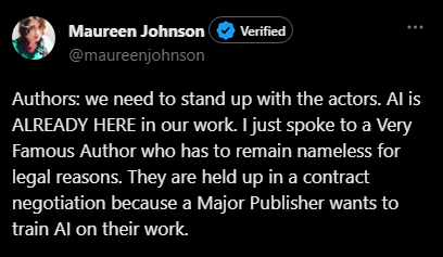 SketchesbyBoze's tweet photo. This is at the heart of why writers and actors are striking, by the way. Studios want to create digital replicas of actors and keep them in movies forever. Publishers want to train AI on the works of famous authors and churn out books in their style long after they’re dead. https://t.co/TYSCUVKowI