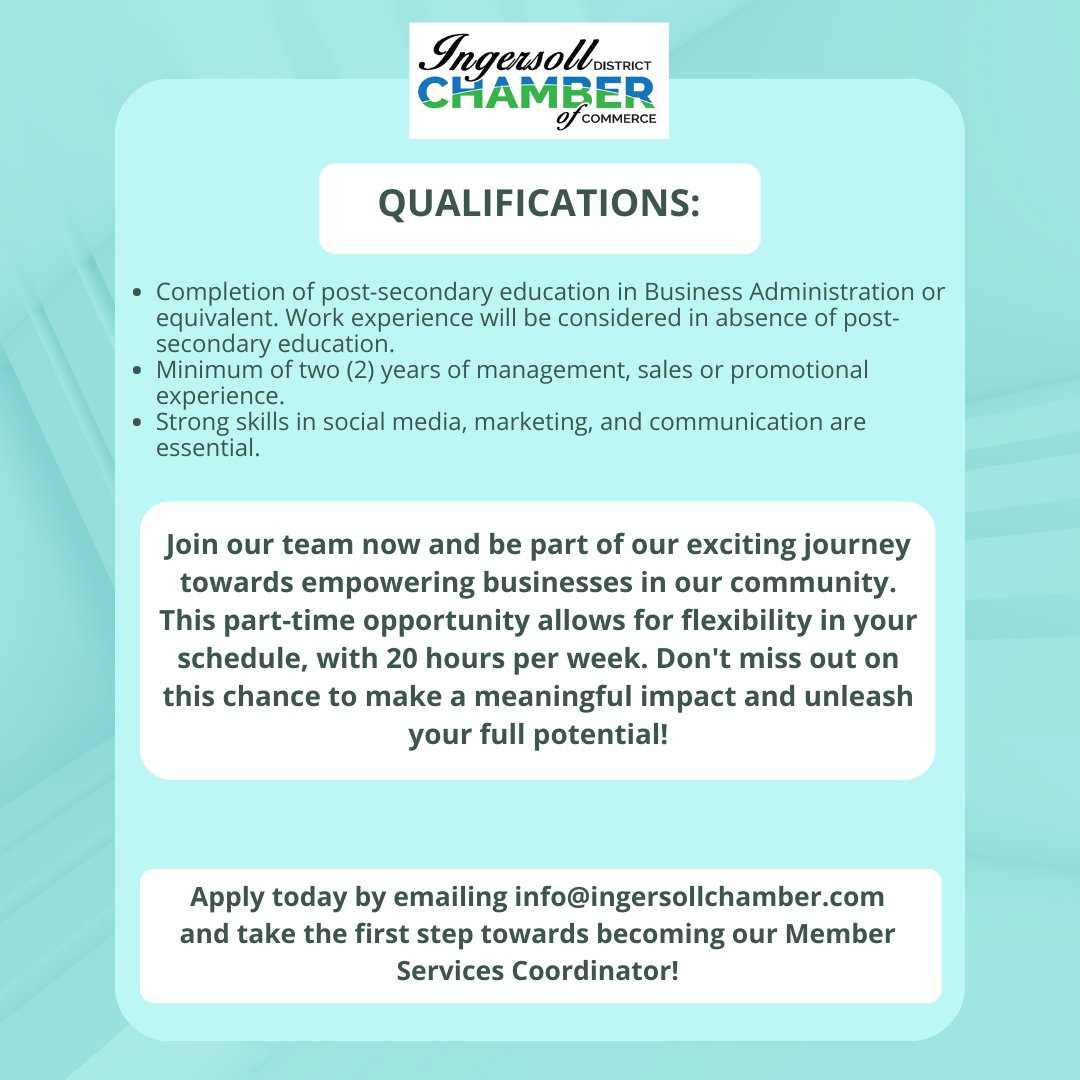 ingersollchambe's tweet photo. ✨We are hiring! ✨

Join Our Team as a Part-Time Member Services Coordinator!

Please apply by emailing your resume to info@ingersollchamber.com https://t.co/EUEkxnYqs6