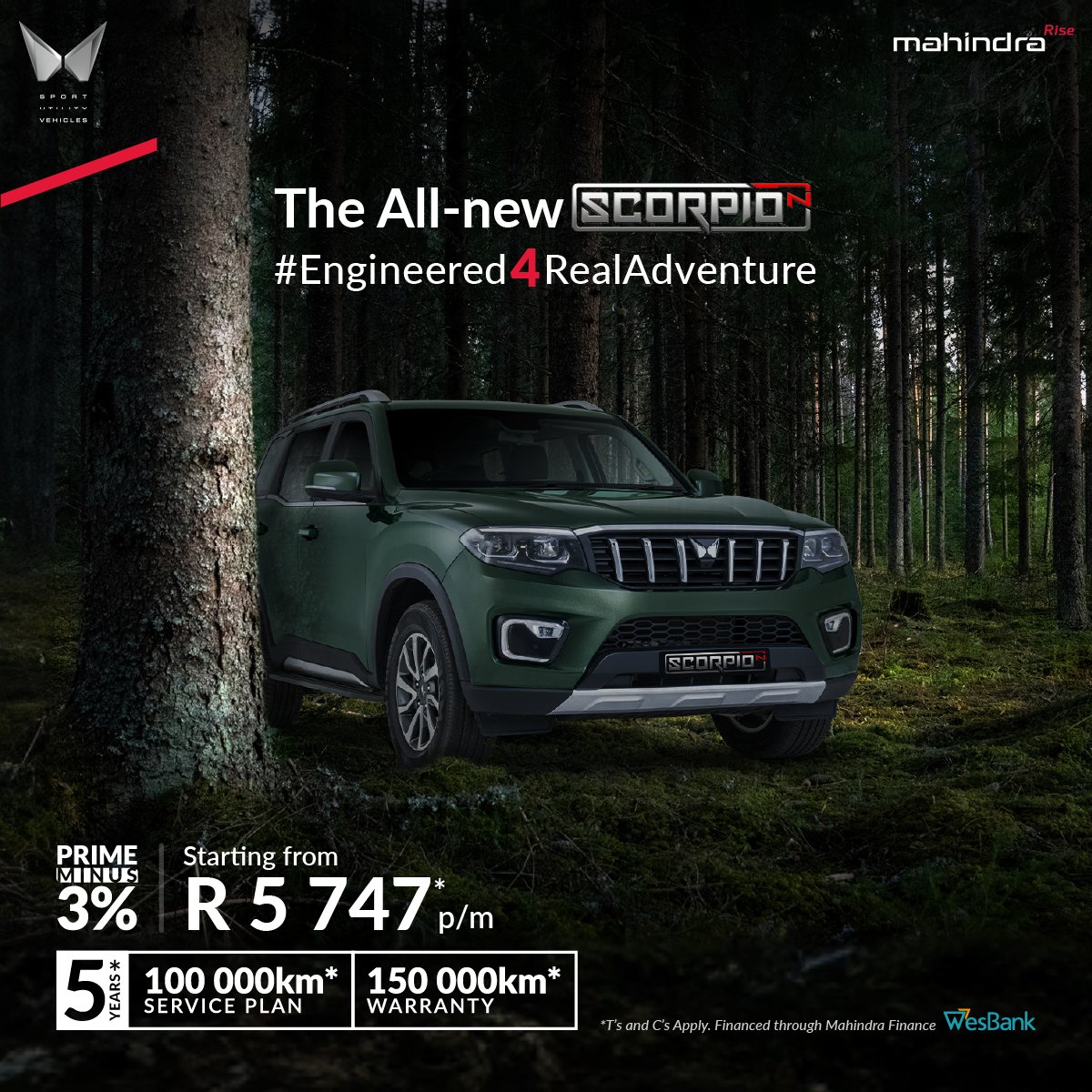 Mahindra_SA's tweet photo. Prepare to rewrite the rules of adventure and embrace the call of the wild with the Mahindra Scorpio-N!🦂💥 Engineered for the true explorers at heart, this fearless beast is built to conquer the most challenging terrains.⛰️🔥
#MahindraSA #ScorpioN #Engineered4RealAdventure https://t.co/p7Dp9LGdu1