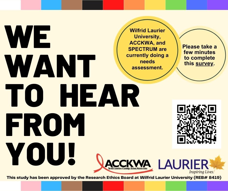 We are working with WLU and <a href="/AIDSCKW/">ACCKWA</a>  on a needs assessment of 2SLGBTQIA+ people in Waterloo Region! Scan the QR code or use this link to complete the survey: wlu.ca1.qualtrics.com/jfe/form/SV_8d…

We are hoping for 1000 responses. Please complete the survey and help spread the word!