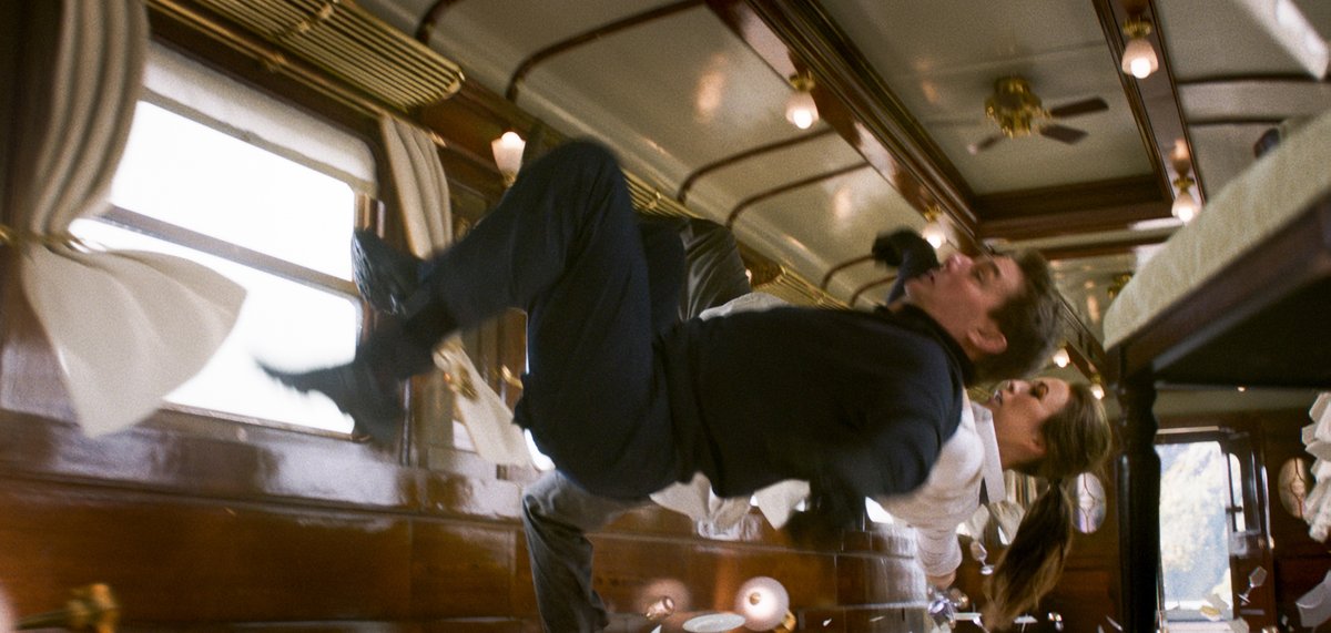 latimes's tweet photo. During #MissionImpossible’s final set piece, Tom Cruise and Hayley Atwell’s characters experience zero gravity as the train they’re in suddenly drops.

Atwell says they achieved it the old-fashioned way — by suddenly dropping the carriage. With them in it https://t.co/yAIbjbCZQL https://t.co/0ax72sWv3z