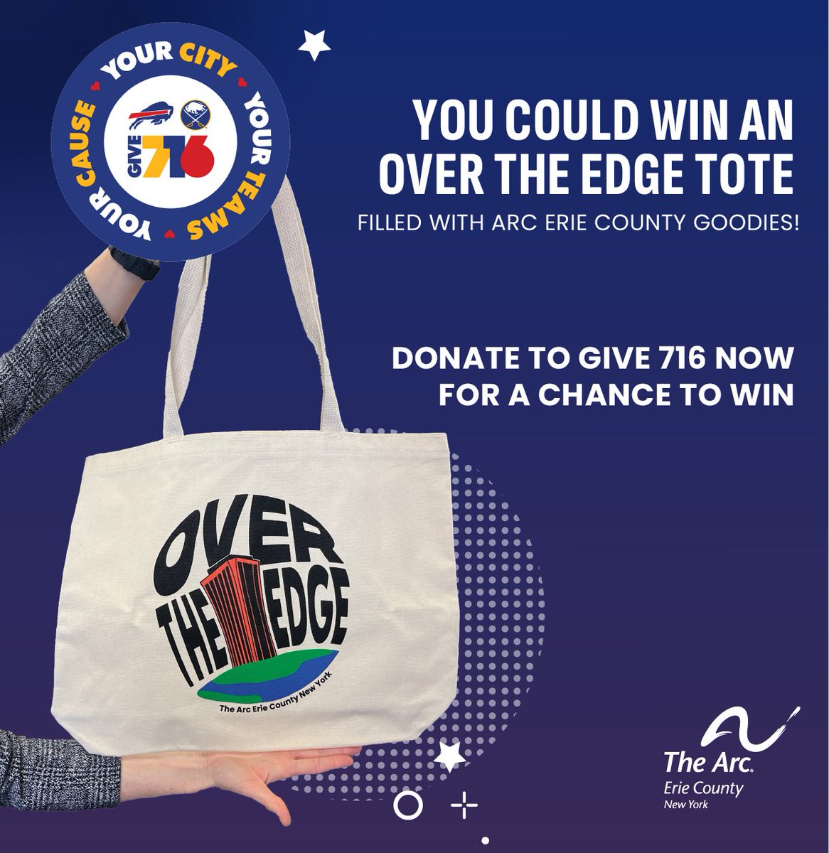 #GIVE716 During the 3 PM power hour donations of $10 or more will be entered to win an Arc Over The Edge tote bag full of Arc swag! give716.org/give/give716/g…