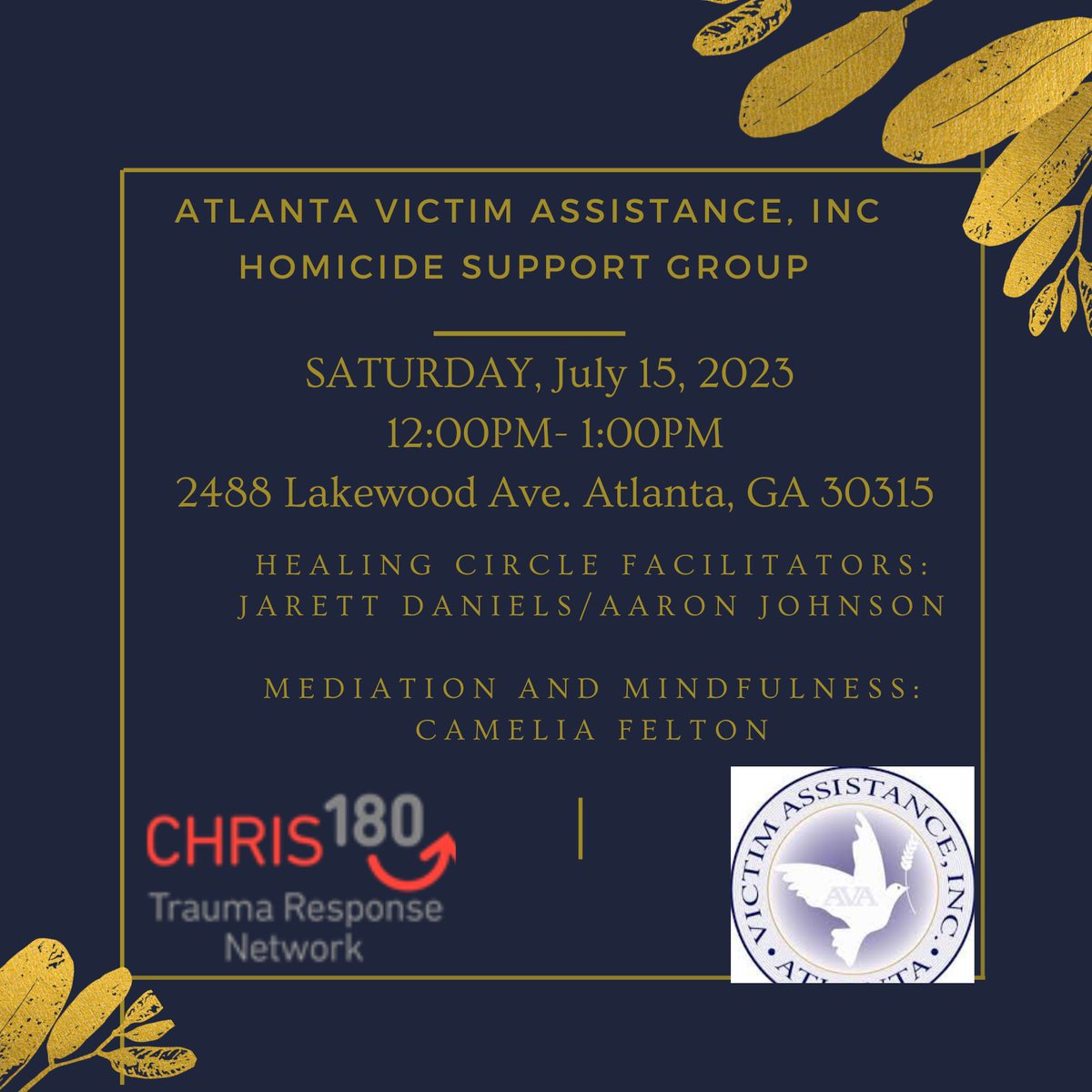 Come and join us this weekend for the Homicide Support Group from 12PM-1PM at 2488 Lakewood Ave, Atlanta, GA 30315.

If you have any questions/concerns please contact Ms. Chevon Hill at 404-437-9113.

#homicidesupportgroup #mentalhealth #supportgroup #homicide