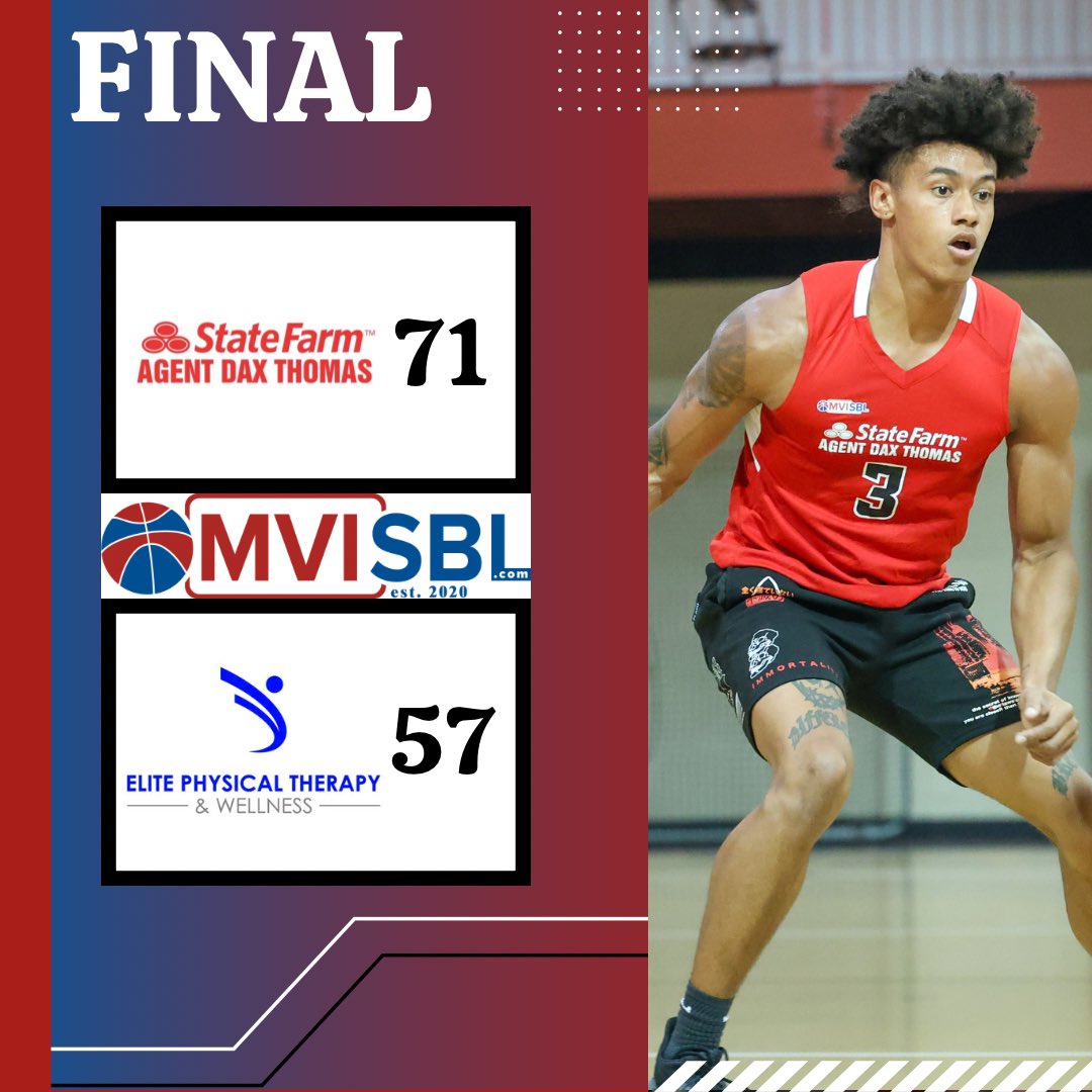 The stream is over Dax Thomas State Farm downs EPT last night ending their win streak at 17!

D.T. State Farm-71
<a href="/Evan_Berger2/">Evan Berger</a> 18Pts 8Reb
<a href="/lorenzogardner0/">Lorenzo</a> 17Pts 13Reb
Mike Michalski 17pts 9Reb

EPT-57
Troy Anderson 19Pts
Kelan Milsom 14Pts 
<a href="/Camepps7/">Cameron Epps</a> 13Pts 7Reb