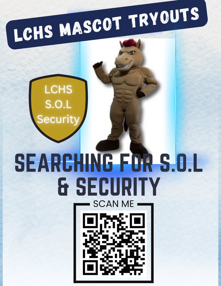 We are looking for our next mascot who is ready to bring the energy and spirit! If that’s you, be sure to scan the link and sign up! #BlueStampede #lamaRTown 💙⭐️🐴 <a href="/LCHS_Mustangs/">Lamar Consolidated Mustangs</a>