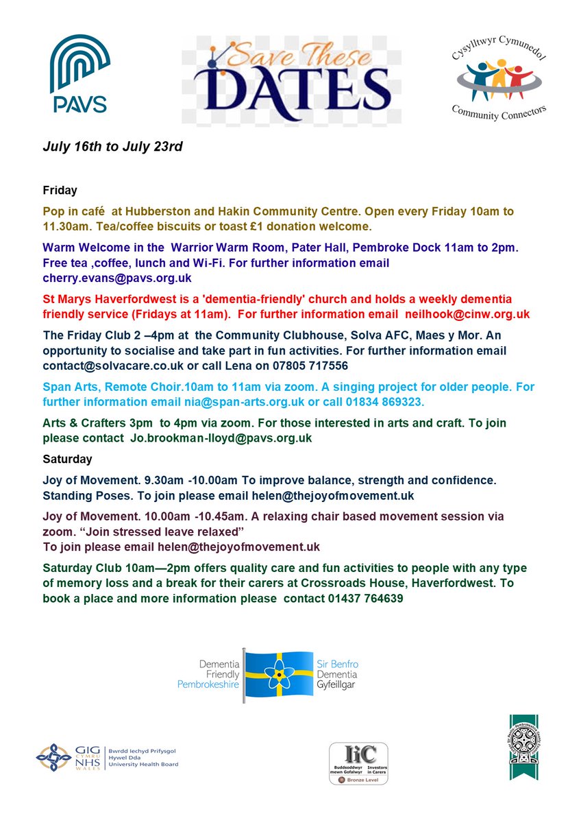 Please take a look at the list of wonderful #dementia activities happening next week. Save the date and come along. A very warm welcome awaits you.
For further information email cherry.evans@pavs.org.uk