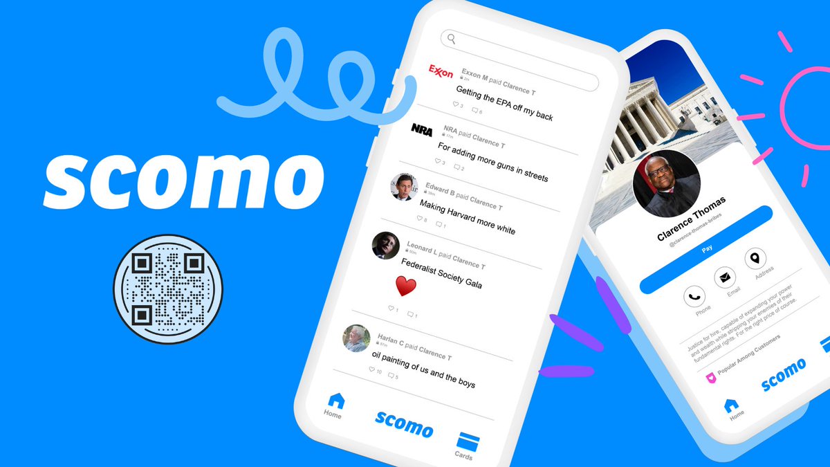 IndivisibleTeam's tweet image. Bribing the Supreme Court used to be just for billionaires. We've designed a new platform that brings SCOTUS corruption to the fingertips of every American. Scomo.me is for everyone.