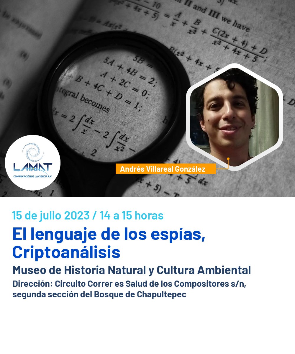 diego_benco's tweet photo. ¡Ven y disfruta de la ciencia! Te esperamos este sábado 15 de julio, recuerda que tenemos una cita en el Museo de Historia Natural y Cultura Ambiental con nuestras charlas y talleres, no te las pierdas.
#matematicas #niños #ciencia #lamat #platica #talleres #cripto https://t.co/lhYgRJgmjT