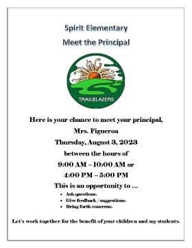 Welcome Mrs. Figueroa!  
Mrs. Figueroa will be hosting meet the principal events on August 3rd.  Please see flyers (use arrows to view) for times. <a href="/LFigueroa317/">Laura Figueroa</a>