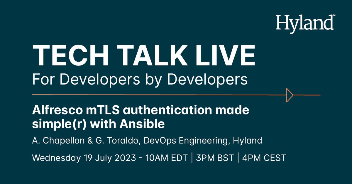 🎙️ Tech Talk Live # 149 🎙️

Join us on July 19th to discover how to make Alfresco mTLS authentication simple(r) with Ansible. 

Register now: hyland.zoom.us/webinar/regist…