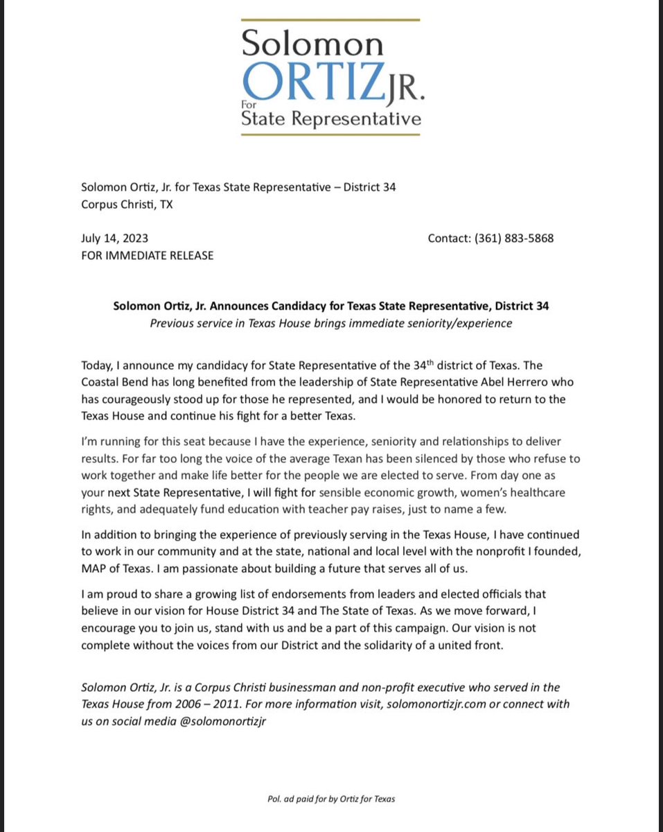 solomonortizjr's tweet photo. Excited to announce my candidacy for State Representative - District 34. 
See attached press release.
#HD34 #Txlege https://t.co/wuQPHIfcfV