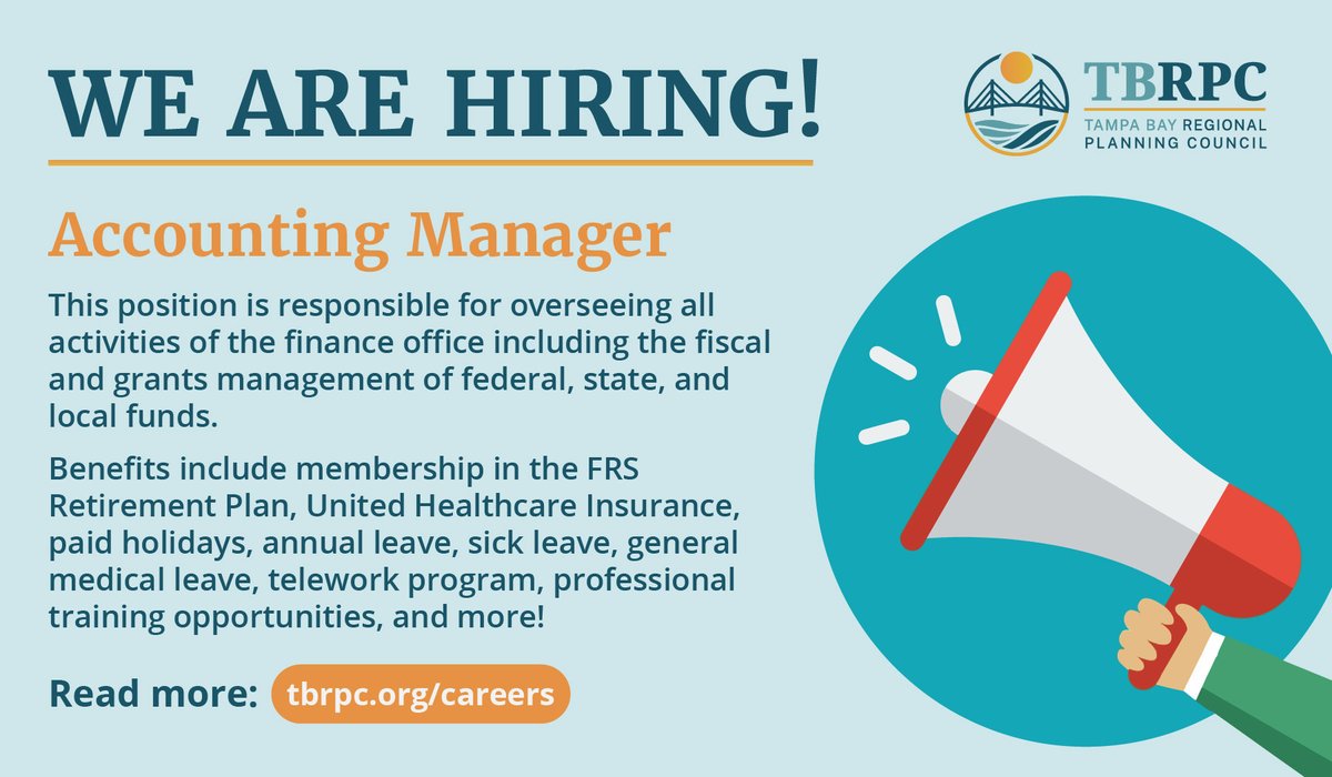 Does anyone you know is looking for an Accounting job? The TBRPC is looking for an Accounting Manager who will be responsible for overseeing all activities of the finance office.

Read more about this position on our website: tbrpc.org/careers/

#accountingjobs
