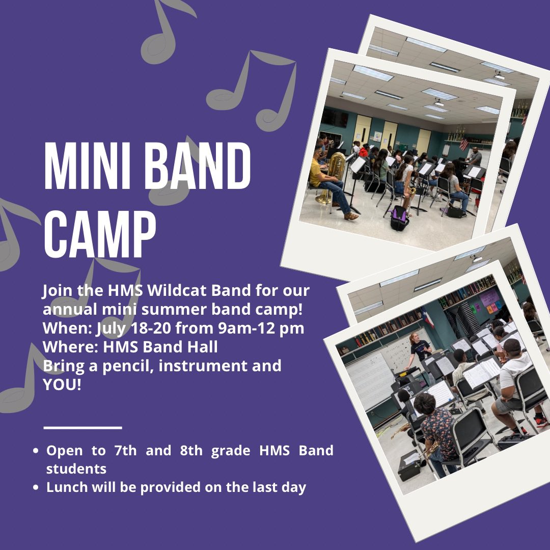 We will be hosting a 3 day summer Band camp for our returning members. Click the link to fill out the survey and let us know if you will be attending. 

forms.gle/AStgA1XHphXuMV…

Can't wait to see you all!