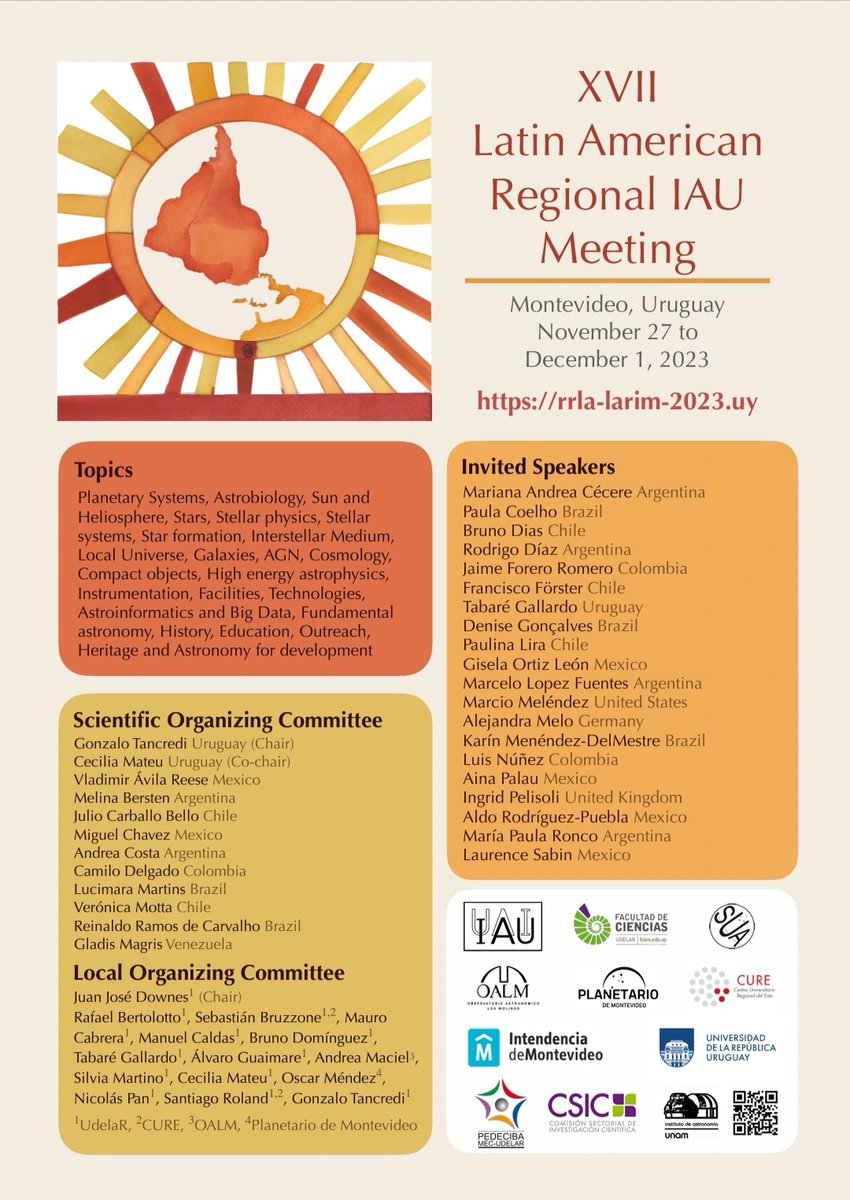 Del 27 de noviembre al 1 de diciembre se realizará la Reunión Latinoamericana de la Unión Astronómica Internacional en Montevideo, Uruguay. Hasta el 31 de julio hay tiempo para enviar resúmenes y solicitar apoyo. 👉rrla-larim-2023.uy