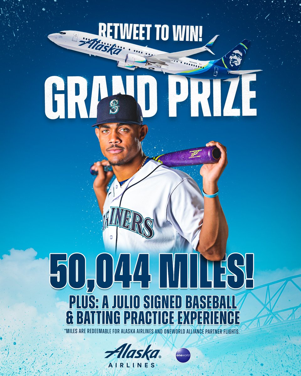 Seattle Mariners (@mariners) on Twitter photo ✈️ RT to WIN our GRAND PRIZE ✈️
Fly, Fly Away Friday is reaching new heights after <a href="/JRODshow44/">Julio Rodriguez🇩🇴🦁</a>’s memorable week! Hit that RT button for a chance to win our Grand Prize: 50,044 <a href="/AlaskaAir/">Alaska Airlines</a> miles, a signed baseball and a visit to BP. atmlb.com/40TsU7X #FlyFlyAwaySweepstakes ✈️ RT to WIN our GRAND PRIZE ✈️
Fly, Fly Away Friday is reaching new heights after <a href="/JRODshow44/">Julio Rodriguez🇩🇴🦁</a>’s memorable week! Hit that RT button for a chance to win our Grand Prize: 50,044 <a href="/AlaskaAir/">Alaska Airlines</a> miles, a signed baseball and a visit to BP. atmlb.com/40TsU7X #FlyFlyAwaySweepstakes