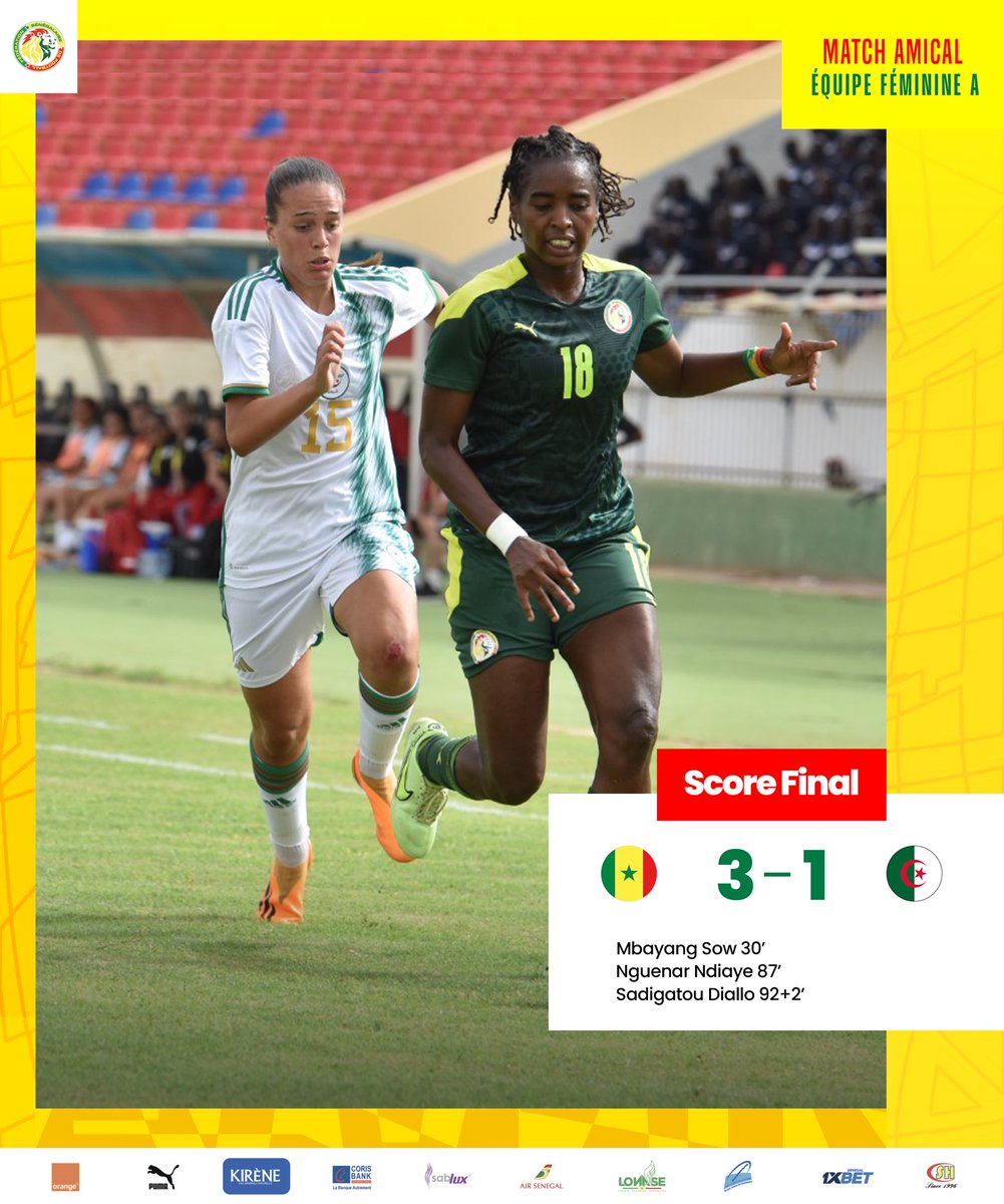 Fsfofficielle's tweet photo. 𝑭𝙄𝑵 𝑫𝙀 𝙈𝑨𝙏𝑪𝙃 | Le Sénégal s’impose 3-1 face à l’Algerie grâce à des réalisations signées Mbayang Sow, Nguenar Ndiaye et Sadigatou Diallo. Les deux équipes se retrouveront mardi 18 juillet, toujours à Thies pour un remake. #SENALG https://t.co/YBXu5s63LI