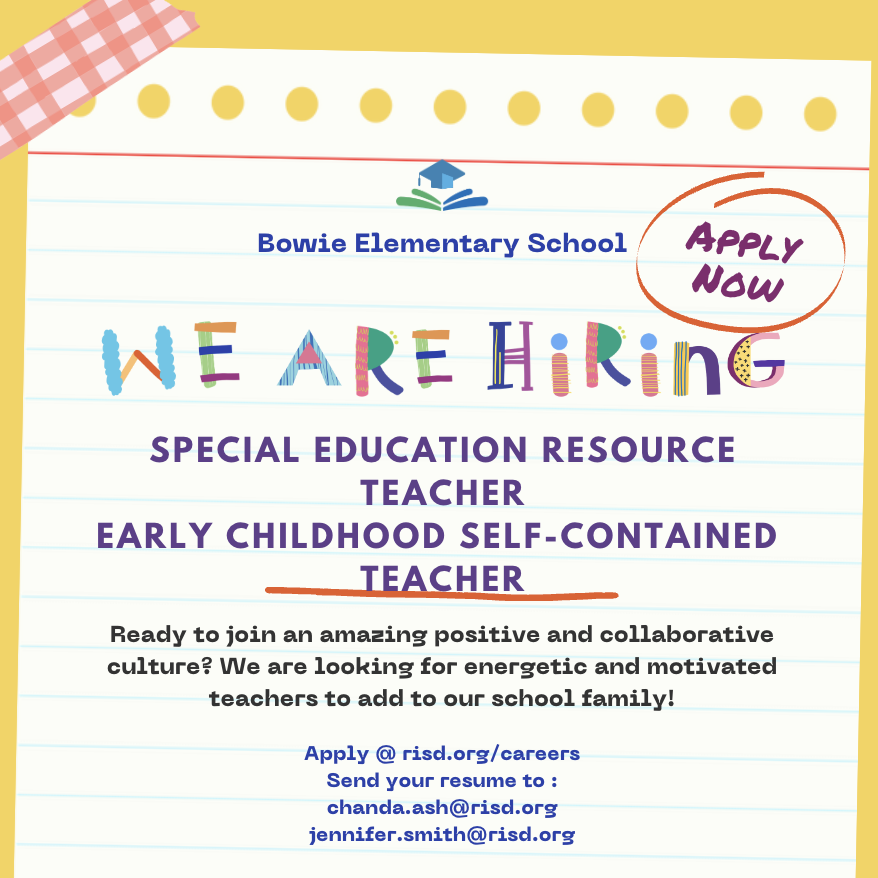 Chanda Ash (@chandaash1104) on Twitter photo We are looking for some great special education teachers at Bowie -- come join our INCREDIBLE campus! <a href="/BowieMustangs/">Bowie Mustangs</a> <a href="/Jenni1002Smith/">Jennifer Smith</a> <a href="/SSSRISD/">SSS RISD</a> <a href="/RISD_HR/">RISD Human Resources</a> #RISDbelieves We are looking for some great special education teachers at Bowie -- come join our INCREDIBLE campus! <a href="/BowieMustangs/">Bowie Mustangs</a> <a href="/Jenni1002Smith/">Jennifer Smith</a> <a href="/SSSRISD/">SSS RISD</a> <a href="/RISD_HR/">RISD Human Resources</a> #RISDbelieves