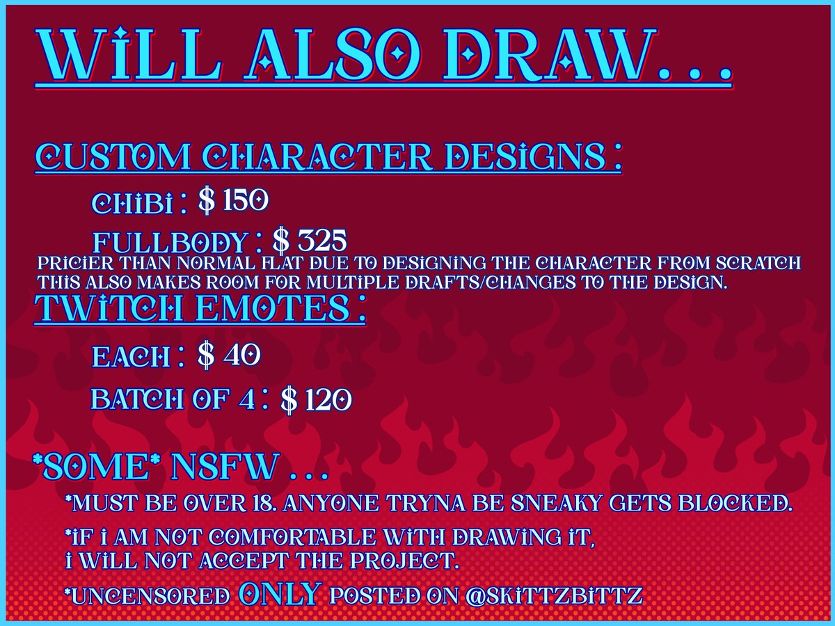 SkittlezJuice's tweet image. 🔥 COMMISSION PRICES 🔥
‼️ Commissions are only open when SLOTS are available/posted ‼️