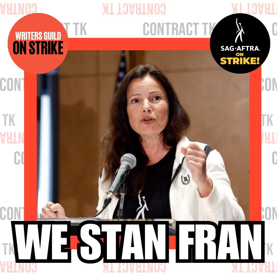 Contract_TK's tweet photo. “Eventually, the people break down the gates of Versailles!” - #FranDrescher 

Happy Bastille Day, Studios! #SAGAFTRA is officially striking as well. If you haven’t seen Fran Drescher’s poignant speech yet, watch it now. 

Execs and networks: can you hear us now?
#wgastrong https://t.co/mVzkU1MyZe