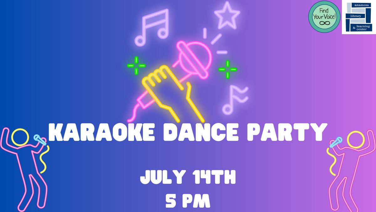 AnamosaLibrary's tweet photo. Our Teen Karaoke Dance Party is happening tonight at 5 PM. Come join in on the fun! https://t.co/tSrCQ9L0Ea