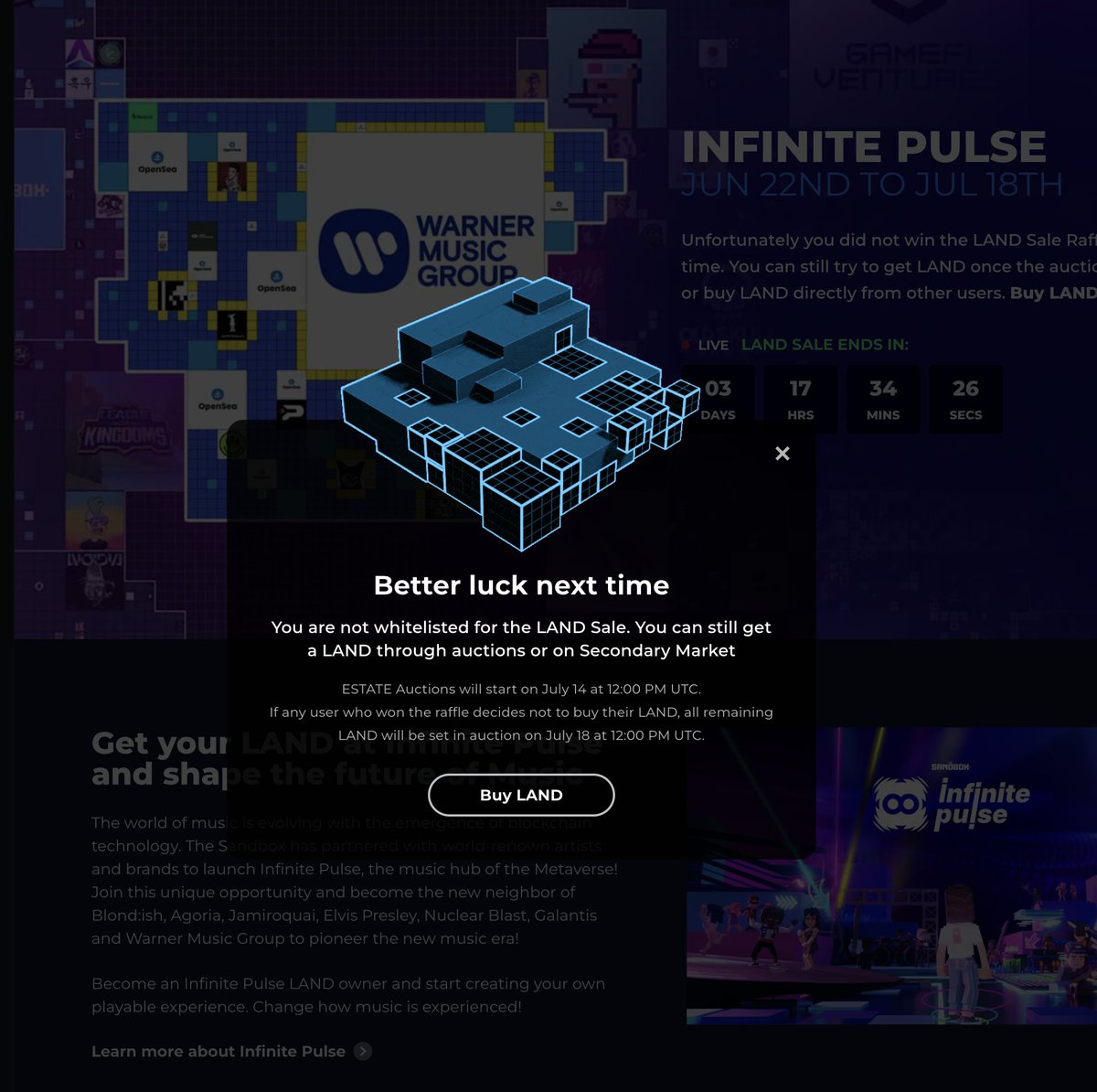 borgetsebastien's tweet photo. 😢 No luck for me this time on @TheSandboxGame  Infinite Pulse LAND Sale.

Did you win at the Raffle and minted your LAND? 
If yes, please show me where 🤩 https://t.co/cd5s38OdGK
