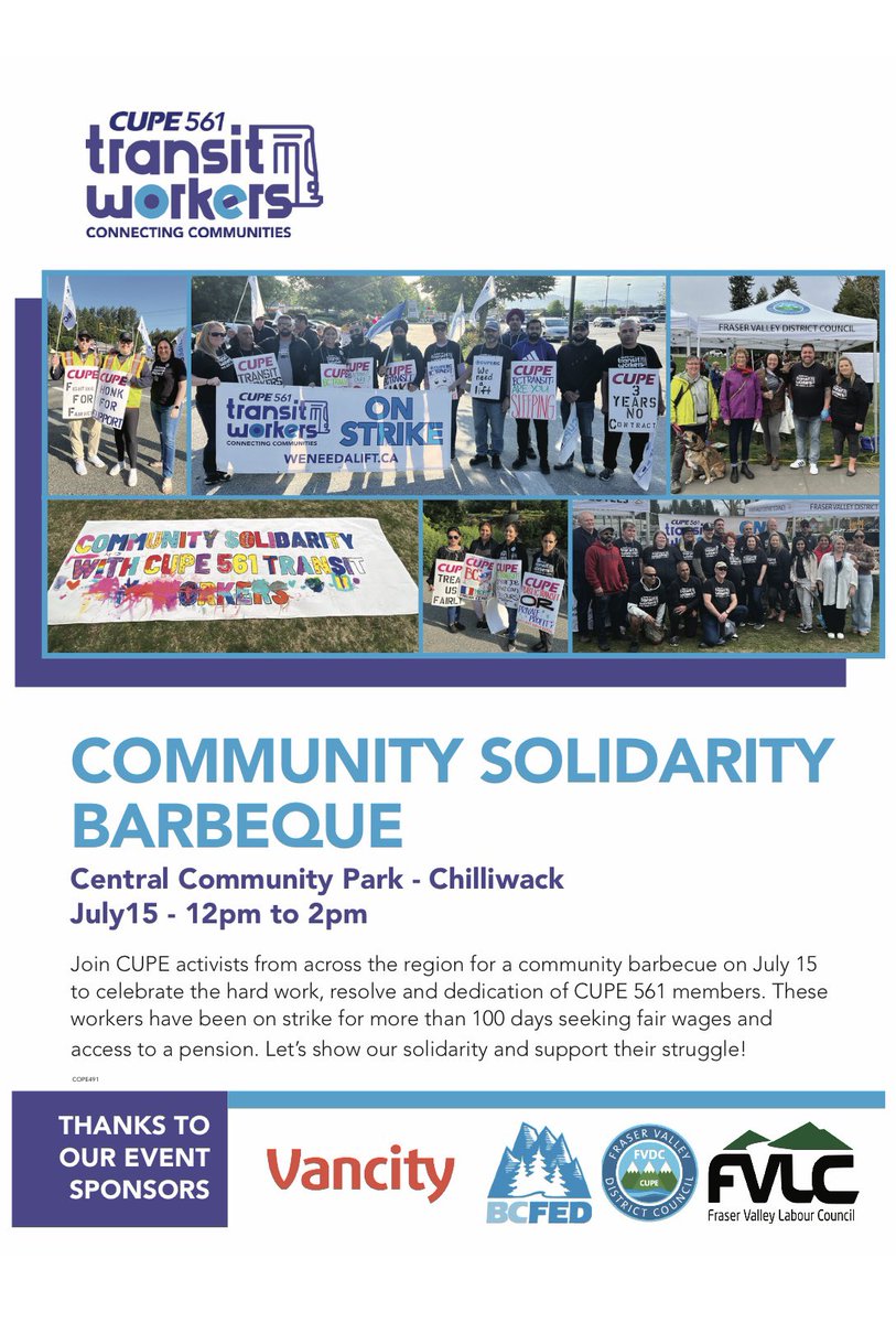 FVTransitStrike's tweet image. Come join us tomorrow at Central Community park (45951 Victoria ave) in Chilliwack for a free community bbq to show support for striking Fraser valley transit workers. There will be face painting and bouncy castles and more. 

WeNeedALift.ca

@CUPEBC @cupenat @dgawthcupe