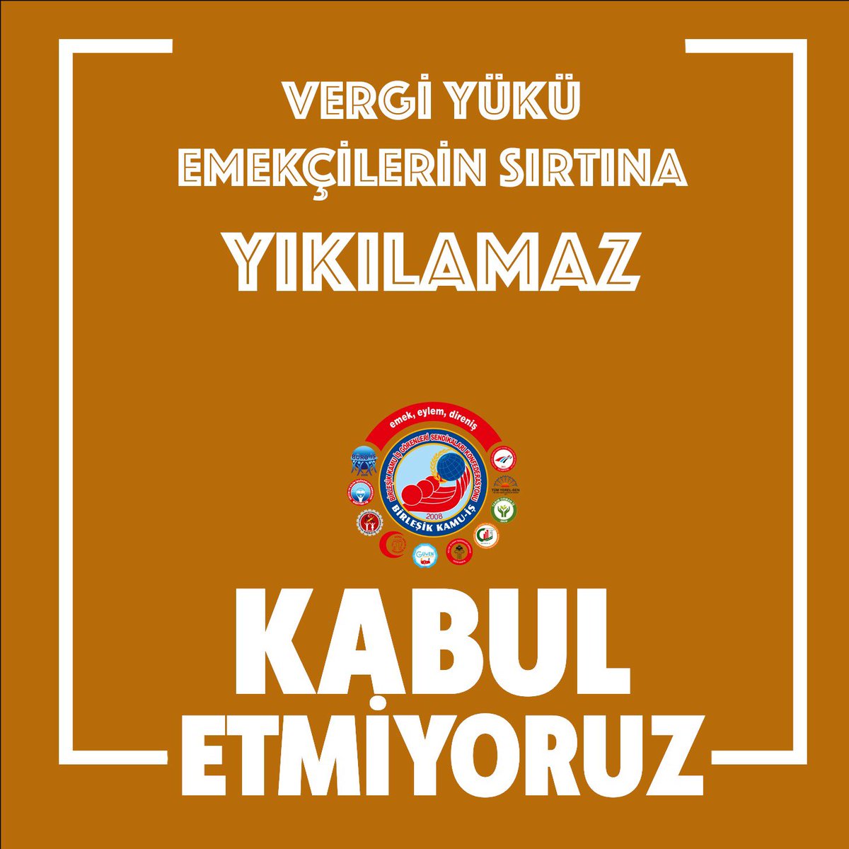 Yüksek enflasyon, düşük ücretler ve ağır vergi yükü altında gittikçe yoksullaşıyoruz. #kabuletmiyoruz Bu adaletsiz düzene karşı, insanca yaşayacak #maaş istiyoruz! Sermayeye değil, #memura #emeklilere kaynak istiyoruz!