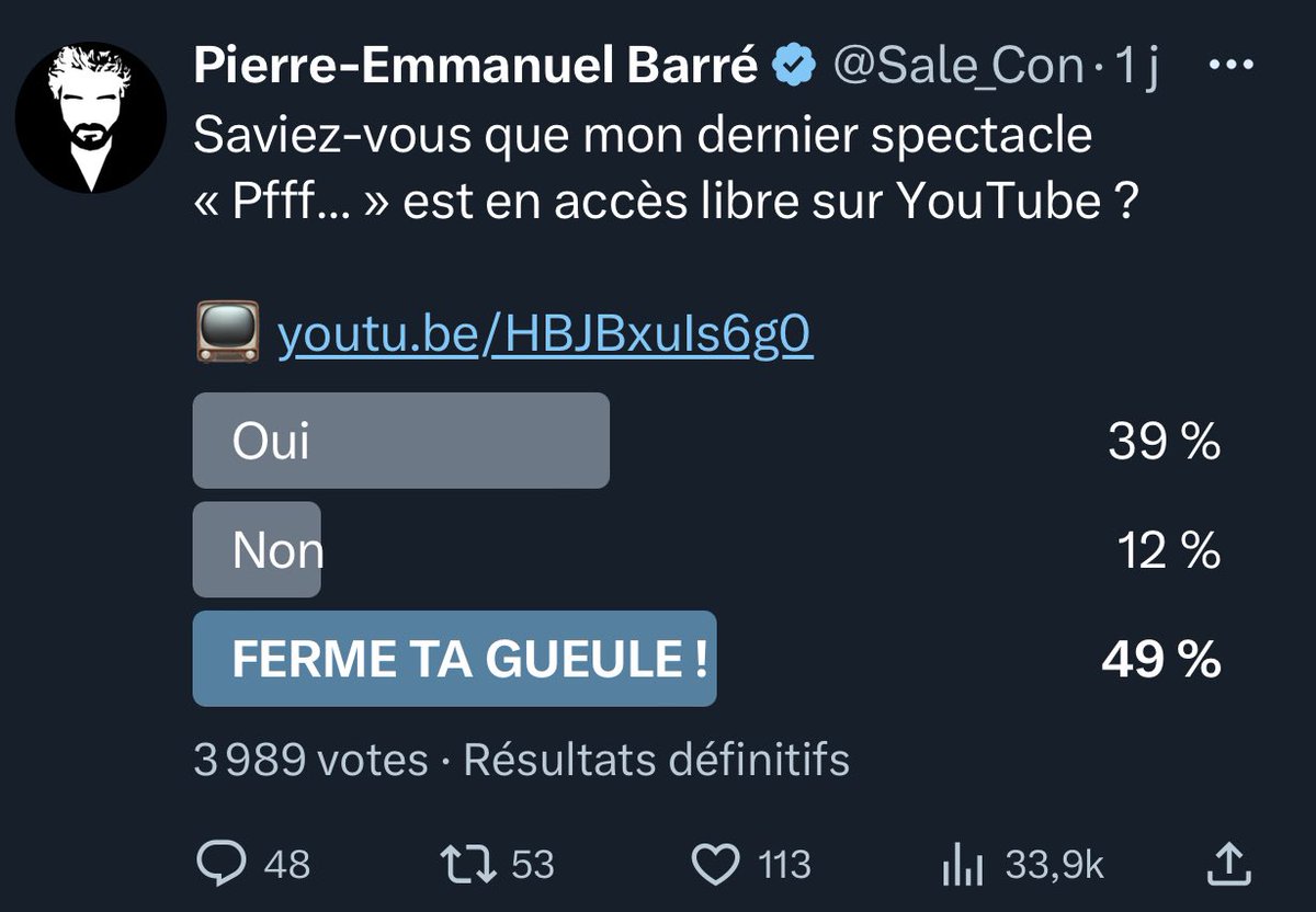 🚨ALERTE ACTU🚨
Plus d’un français sur dix ignorent encore que mon spectacle est en accès libre sur YouTube.

👉🏻 youtu.be/HBJBxuIs6g0

Source : sondage ifop / Pierre-Emmanuel Barré