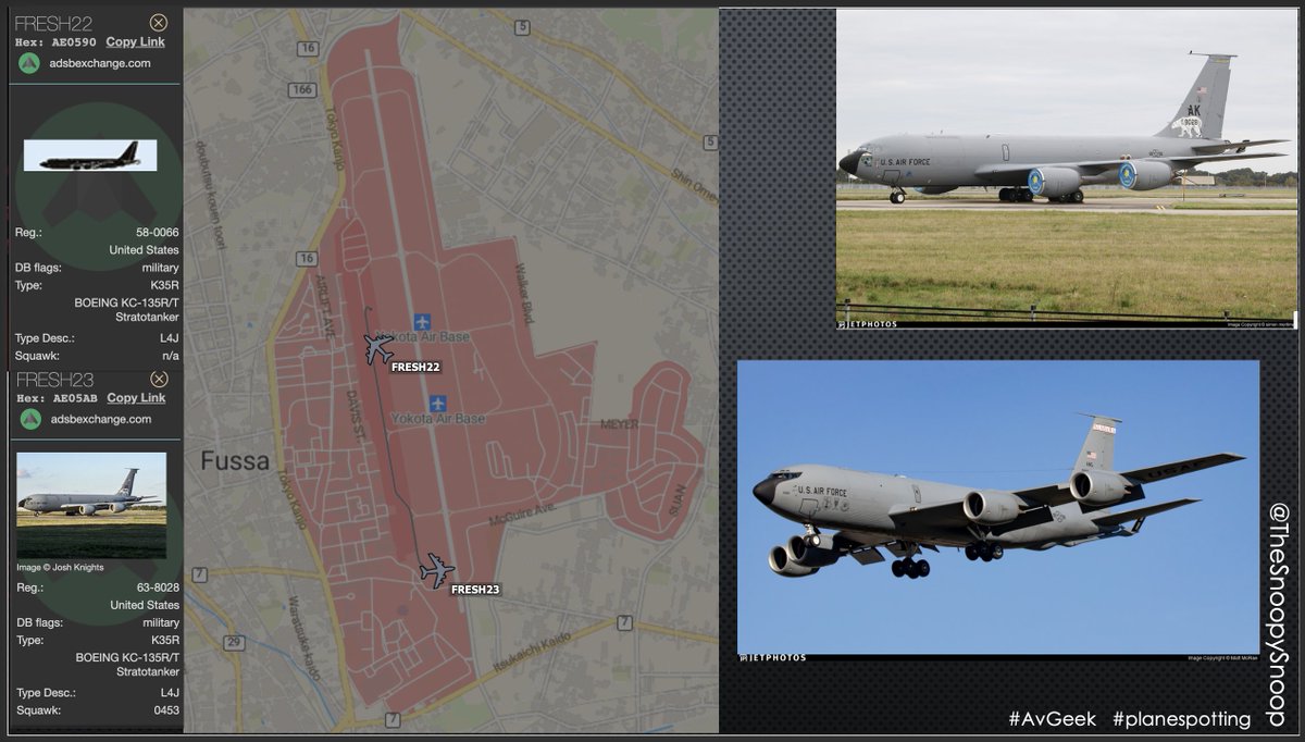 TheSnoopySnoop's tweet photo. Pair of KC-135 Stratotanker's getting airborne from Yokata on what appears to be a round trip
#FRESH22 #AE0590 58-0066
#FRESH23 #AE05AB 63-8028
#AvGeek #planespotting https://t.co/HSUX3RBwj0