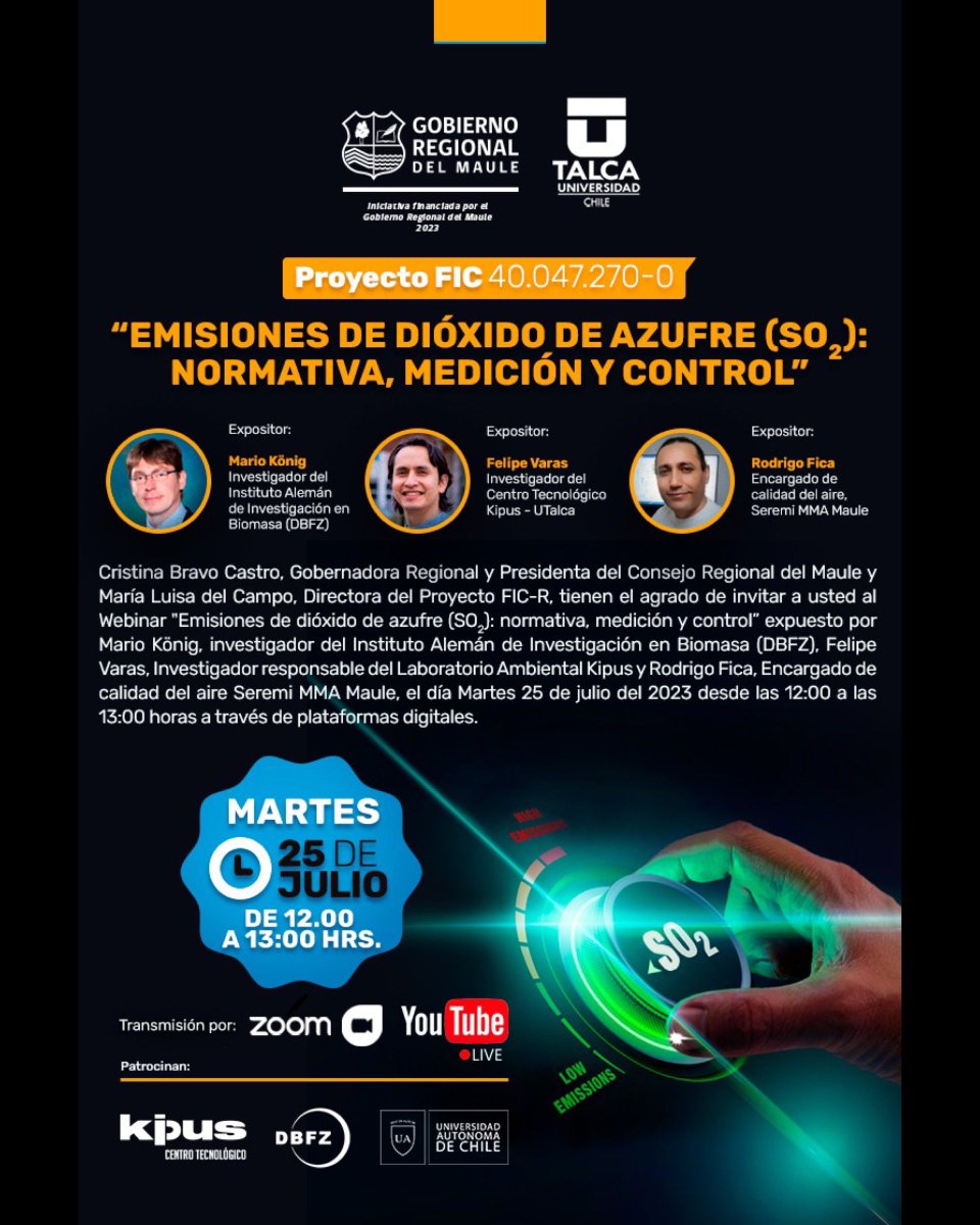 kipus_utalca's tweet photo. Invitamos a toda la comunidad universitaria al webinar “Emisiones de Dióxido de Azufre (SO2): Normativa, Medición y Control”. 

La cita es este martes 25 de julio a las 12:00 hrs a través de ZOOM.  

🟠 SE ENTREGARÁ CERTIFICADO DE PARTICIPACIÓN. https://t.co/dAz6f3iair